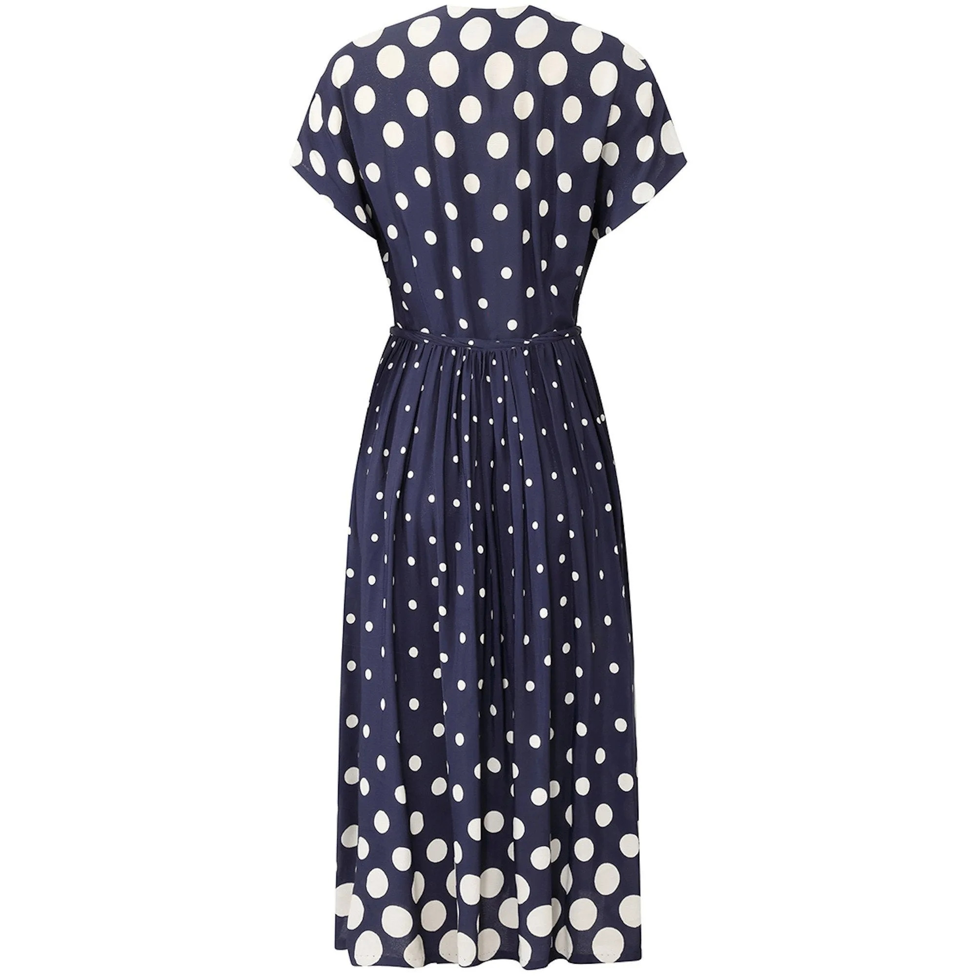 1940s Navy And White Polkadot Dress With Bow Detail and Waist Tie