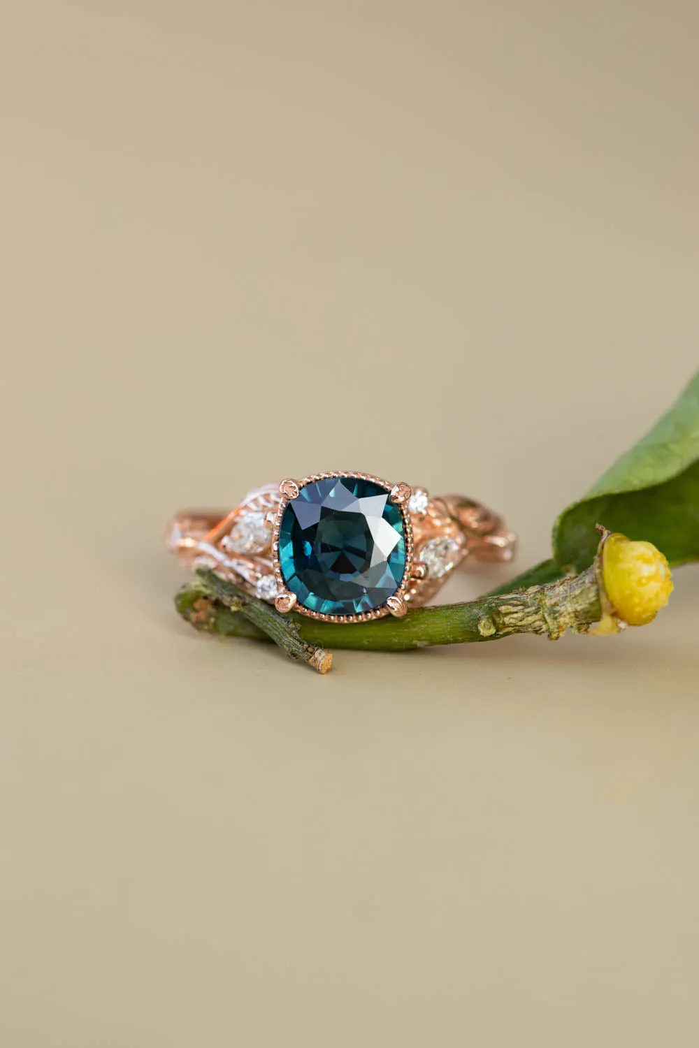 4 months payment plan: Patricia ring in 14K rose gold, natural teal sapphire 7 mm cushion cut, natural diamonds, RING SIZE - 7 US