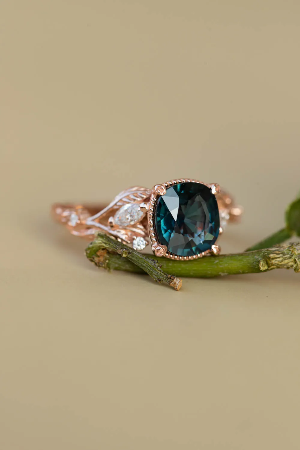 4 months payment plan: Patricia ring in 14K rose gold, natural teal sapphire 7 mm cushion cut, natural diamonds, RING SIZE - 7 US