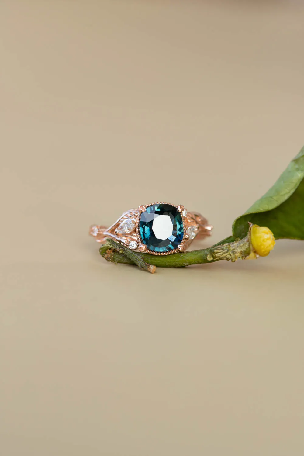 4 months payment plan: Patricia ring in 14K rose gold, natural teal sapphire 7 mm cushion cut, natural diamonds, RING SIZE - 7 US