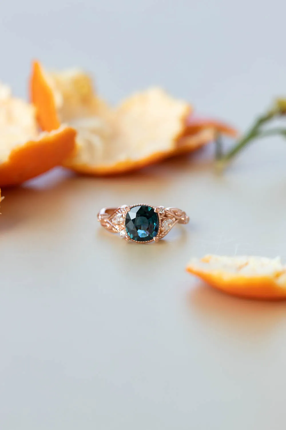 4 months payment plan: Patricia ring in 14K rose gold, natural teal sapphire 7 mm cushion cut, natural diamonds, RING SIZE - 7 US