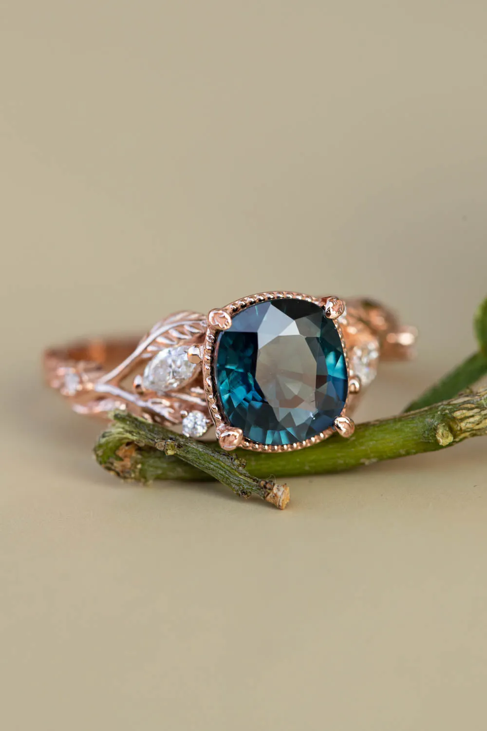 4 months payment plan: Patricia ring in 14K rose gold, natural teal sapphire 7 mm cushion cut, natural diamonds, RING SIZE - 7 US