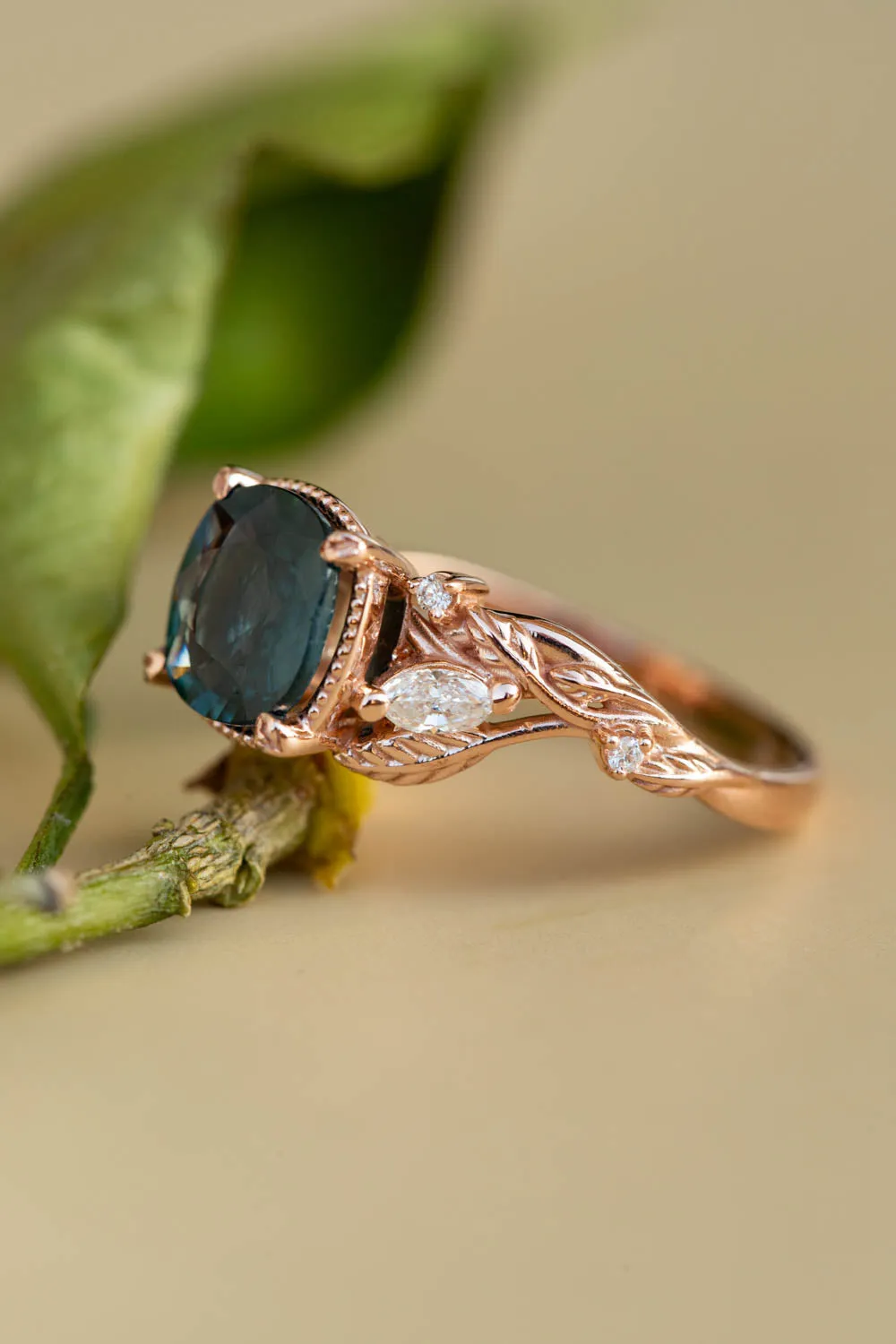 4 months payment plan: Patricia ring in 14K rose gold, natural teal sapphire 7 mm cushion cut, natural diamonds, RING SIZE - 7 US