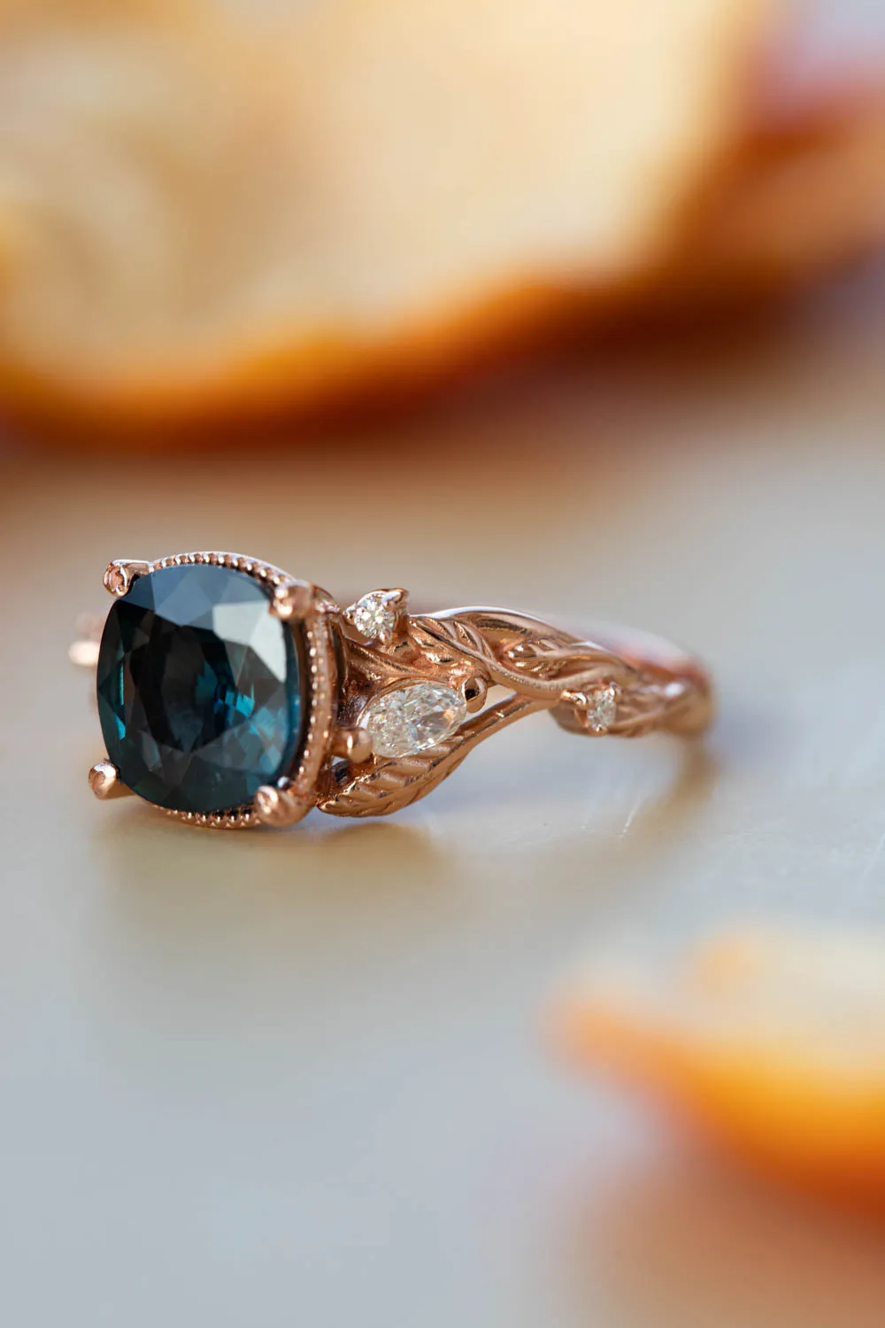 4 months payment plan: Patricia ring in 14K rose gold, natural teal sapphire 7 mm cushion cut, natural diamonds, RING SIZE - 7 US