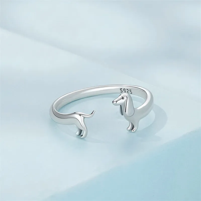 925 Sterling Silver Dachshund Open Rings Puppy Dog Adjustable Rings for Women Animal Stacking Rings