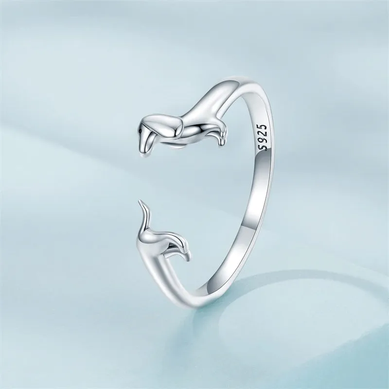 925 Sterling Silver Dachshund Open Rings Puppy Dog Adjustable Rings for Women Animal Stacking Rings