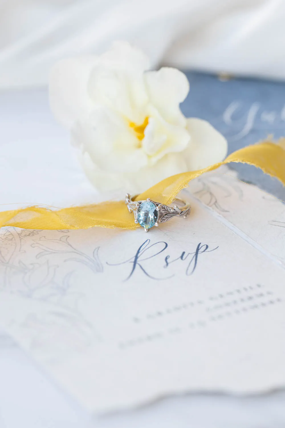 Aquamarine gold engagement ring, white gold leaves promise ring / Freesia