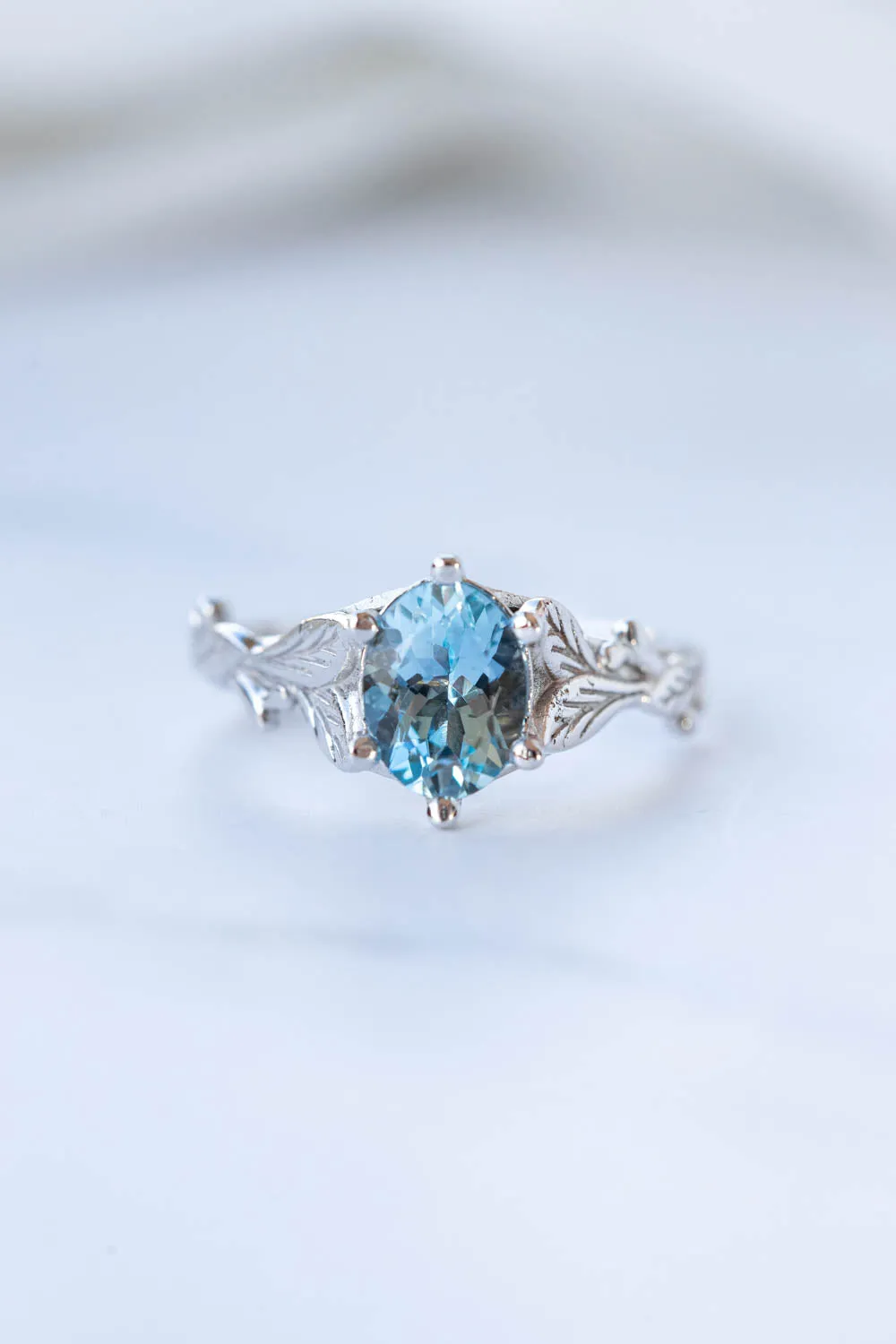 Aquamarine gold engagement ring, white gold leaves promise ring / Freesia