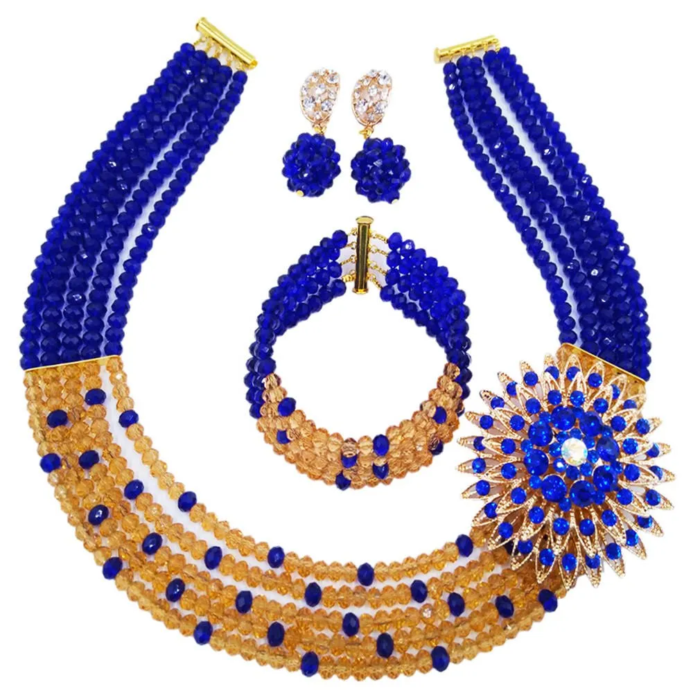 Beaded jewelry royal blue peach women nigerian wedding jewelry set