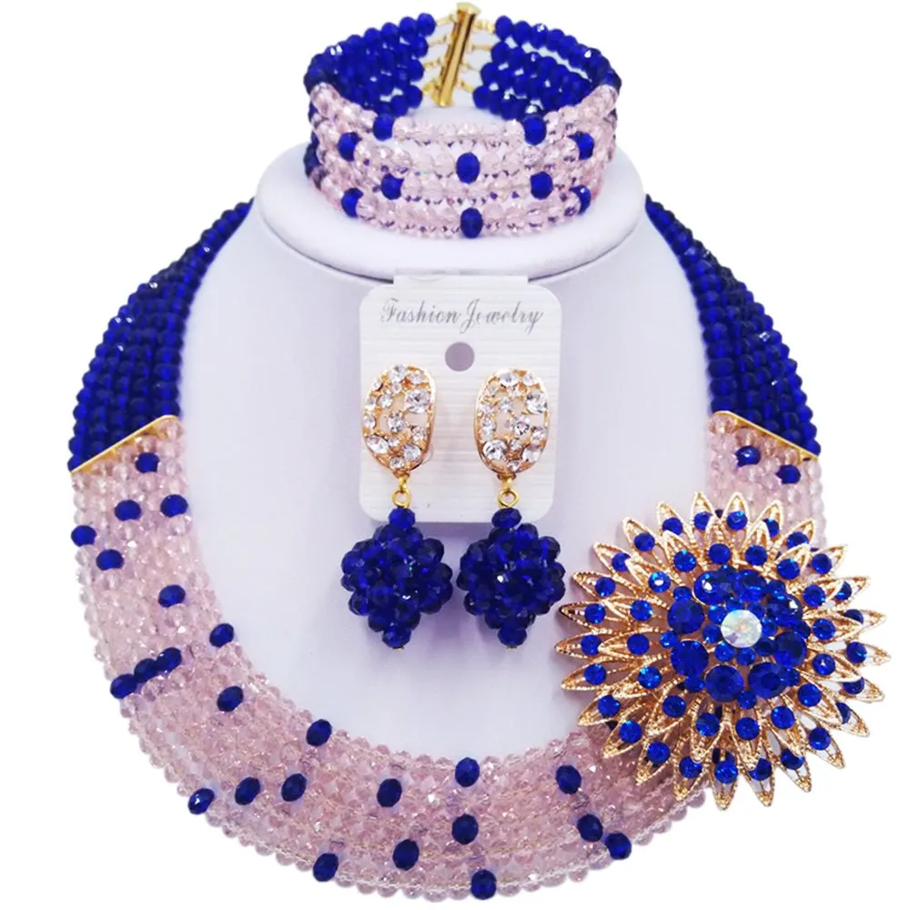 Beaded jewelry royal blue peach women nigerian wedding jewelry set