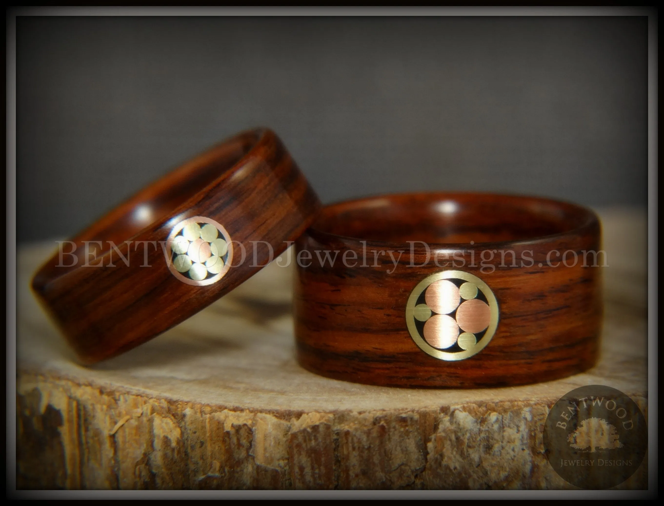 Bentwood Rings Set - Metal Mosaic Kingwood Rings with Copper & Brass Pattern Inlay