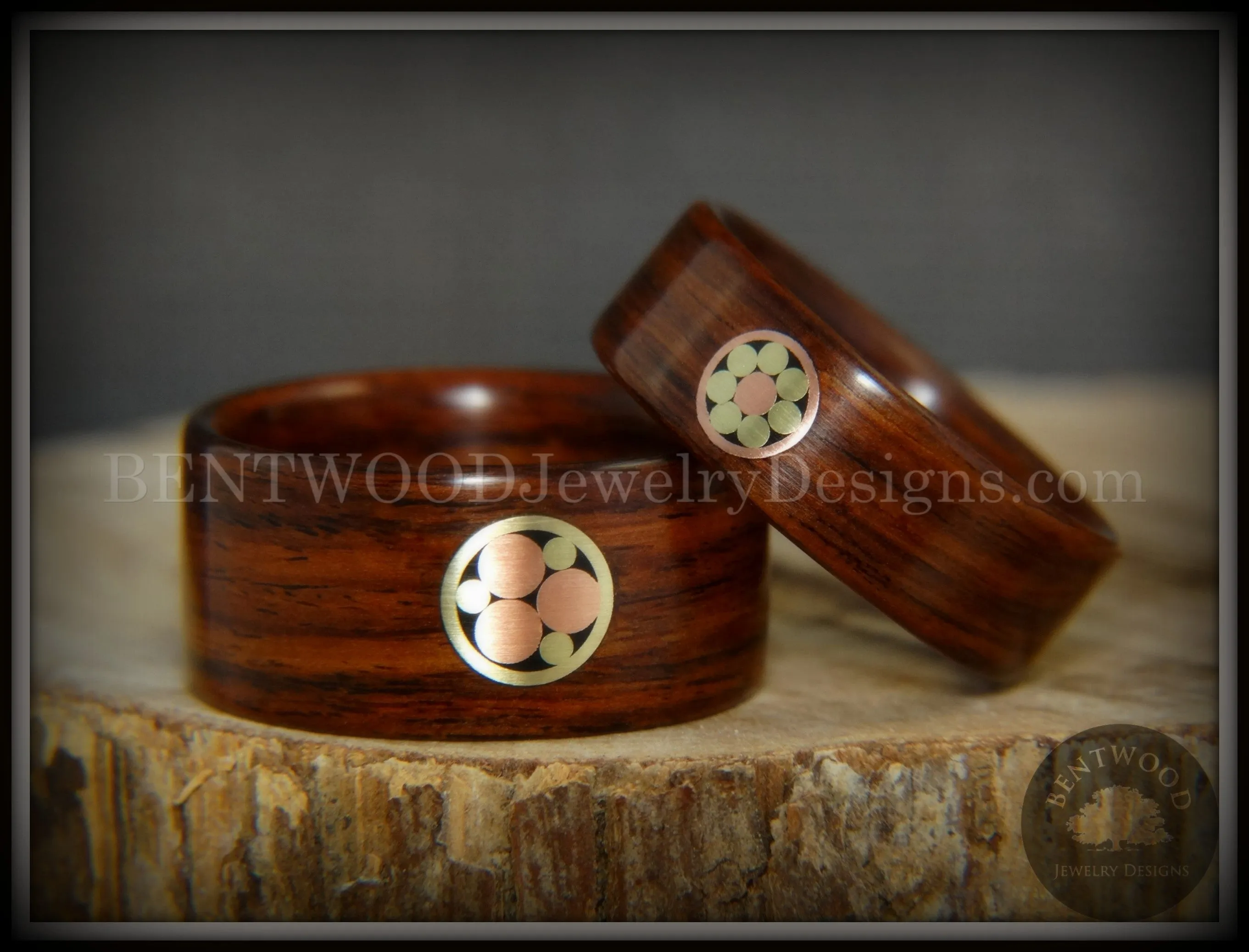 Bentwood Rings Set - Metal Mosaic Kingwood Rings with Copper & Brass Pattern Inlay