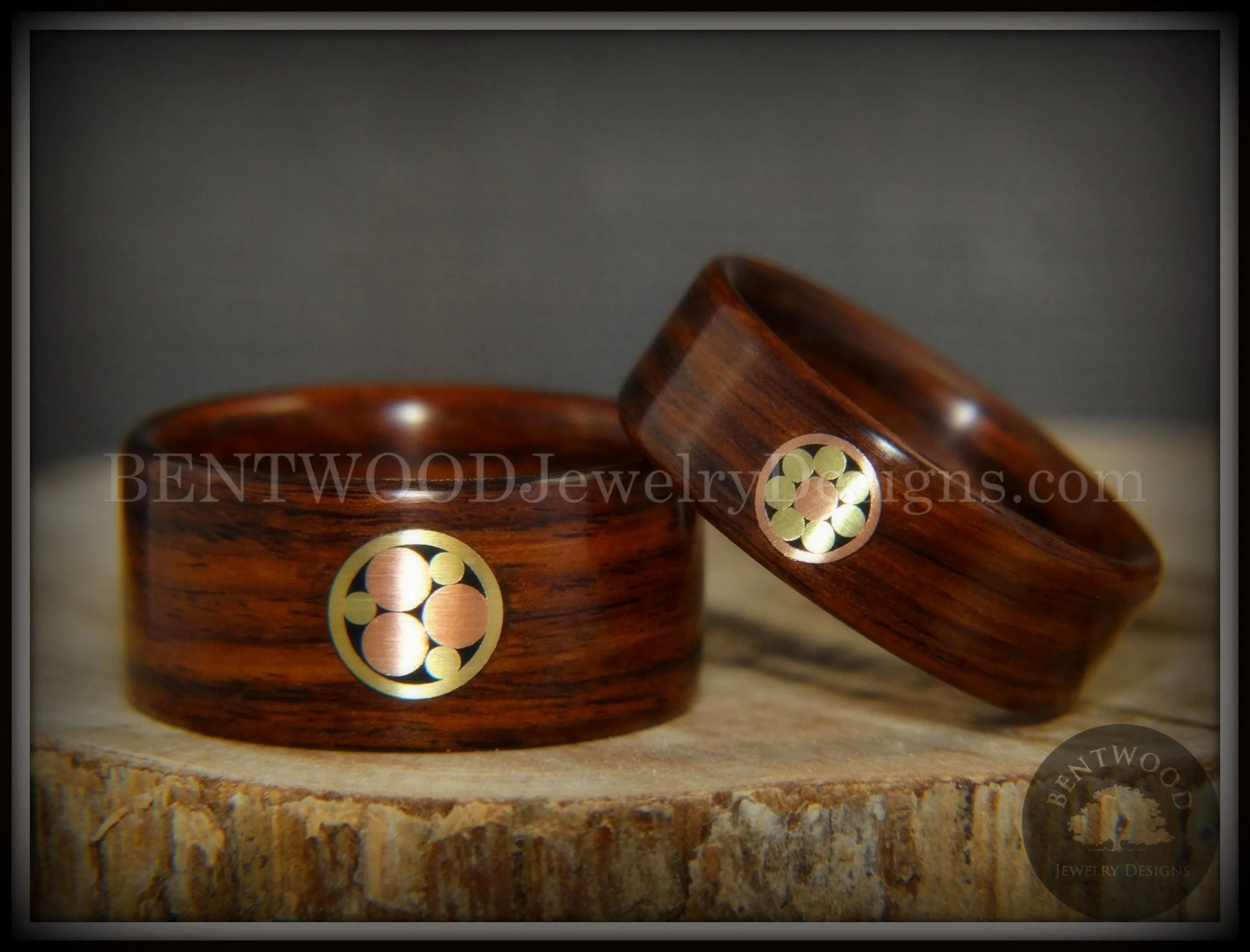 Bentwood Rings Set - Metal Mosaic Kingwood Rings with Copper & Brass Pattern Inlay