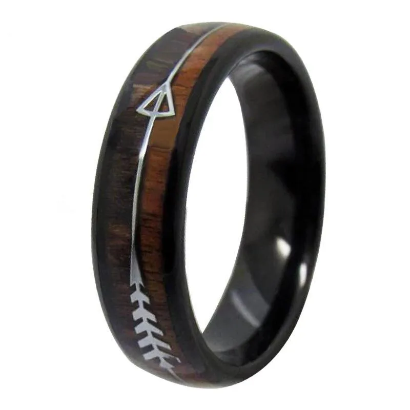 Black Tungsten Carbide in Two-Tone Koa Wood Inlay with Silver Arrow Wedding Band