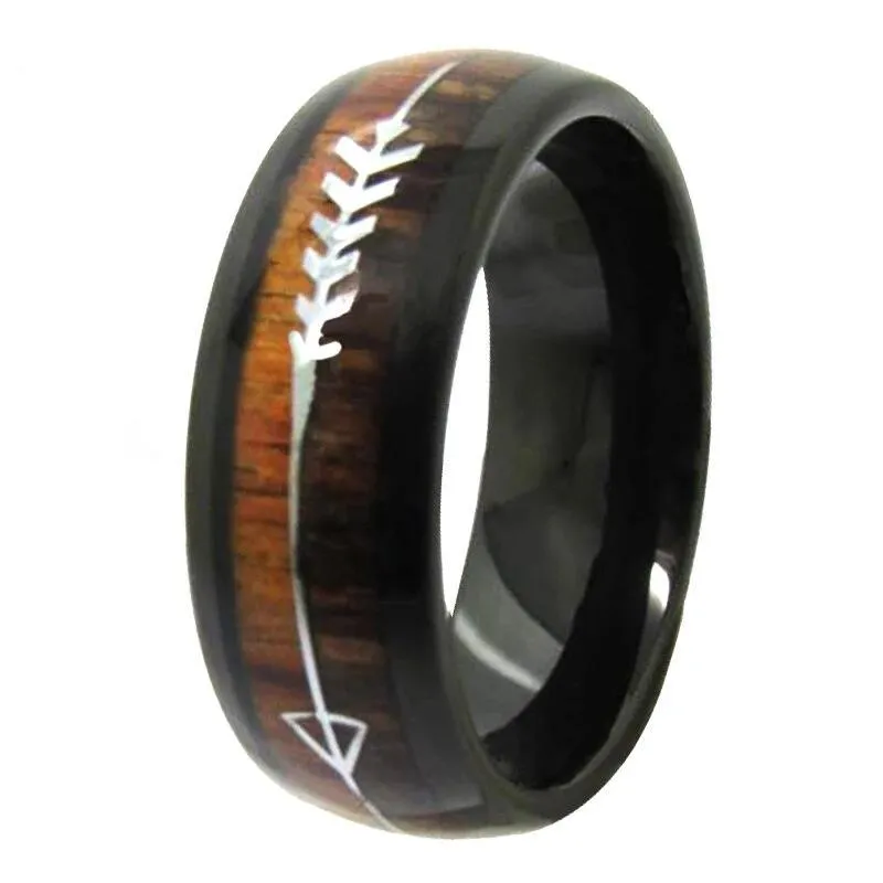 Black Tungsten Carbide in Two-Tone Koa Wood Inlay with Silver Arrow Wedding Band