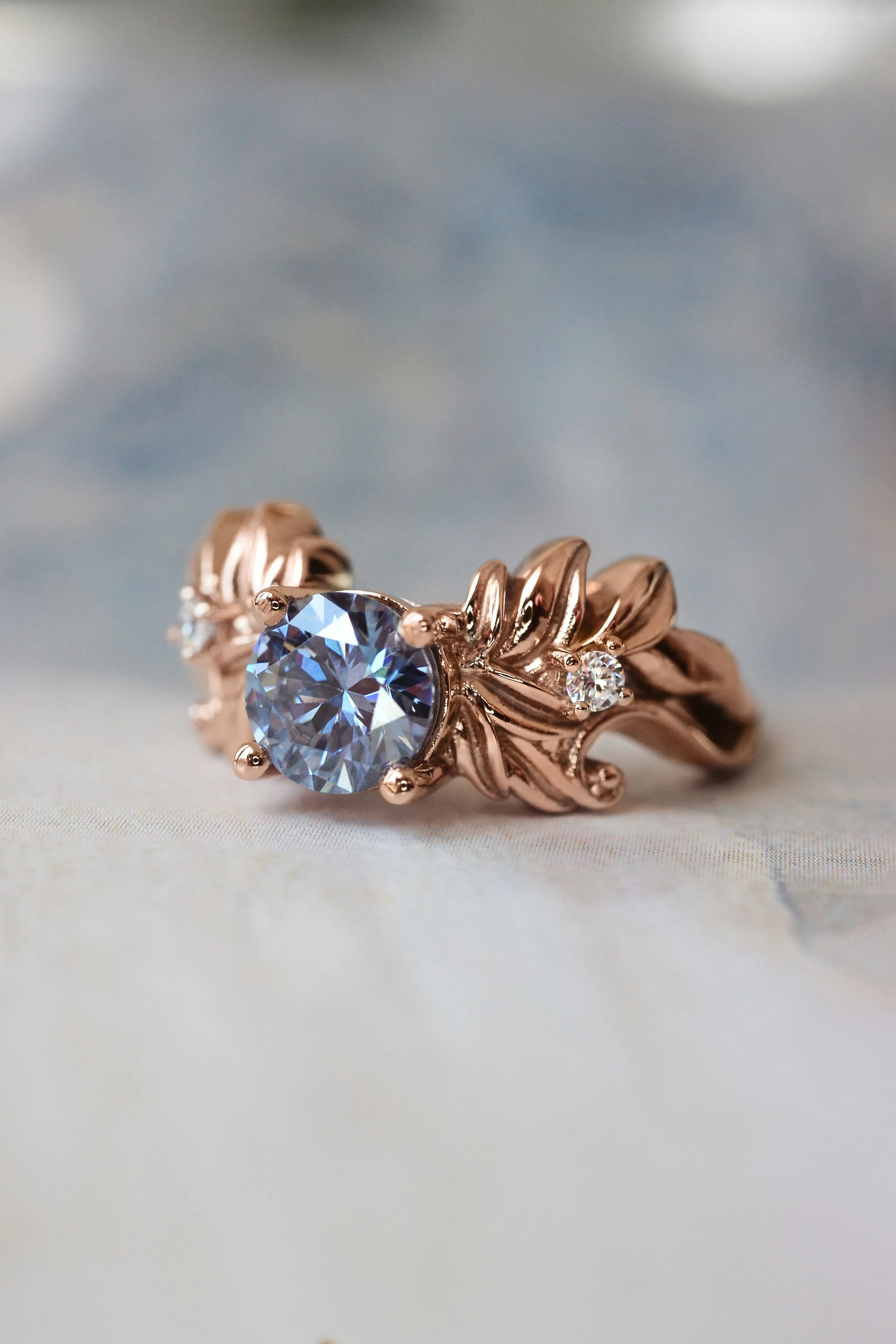 Blue moissanite bridal ring set, leaf engagement ring