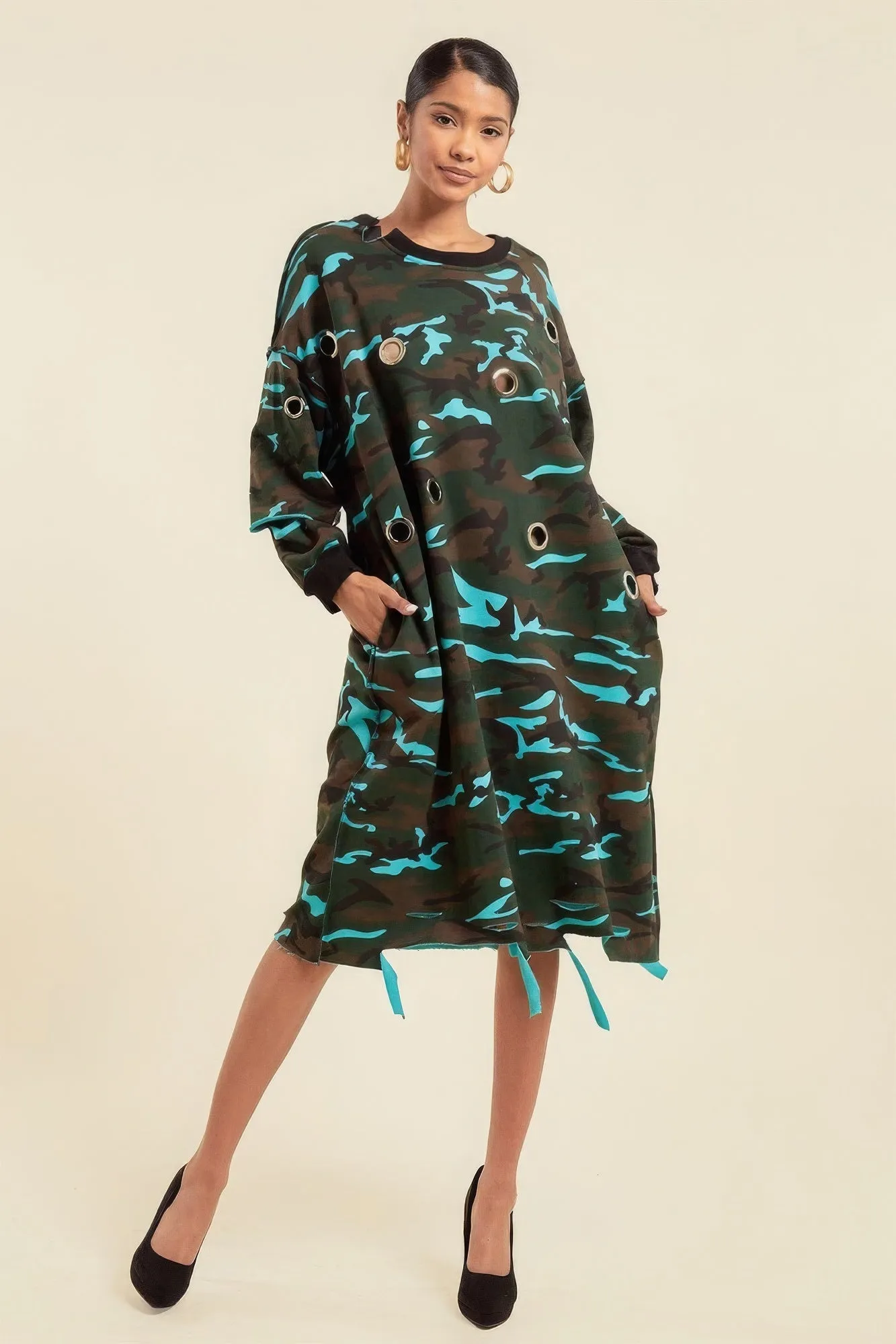 Camouflage Printed Midi Dress With Rings