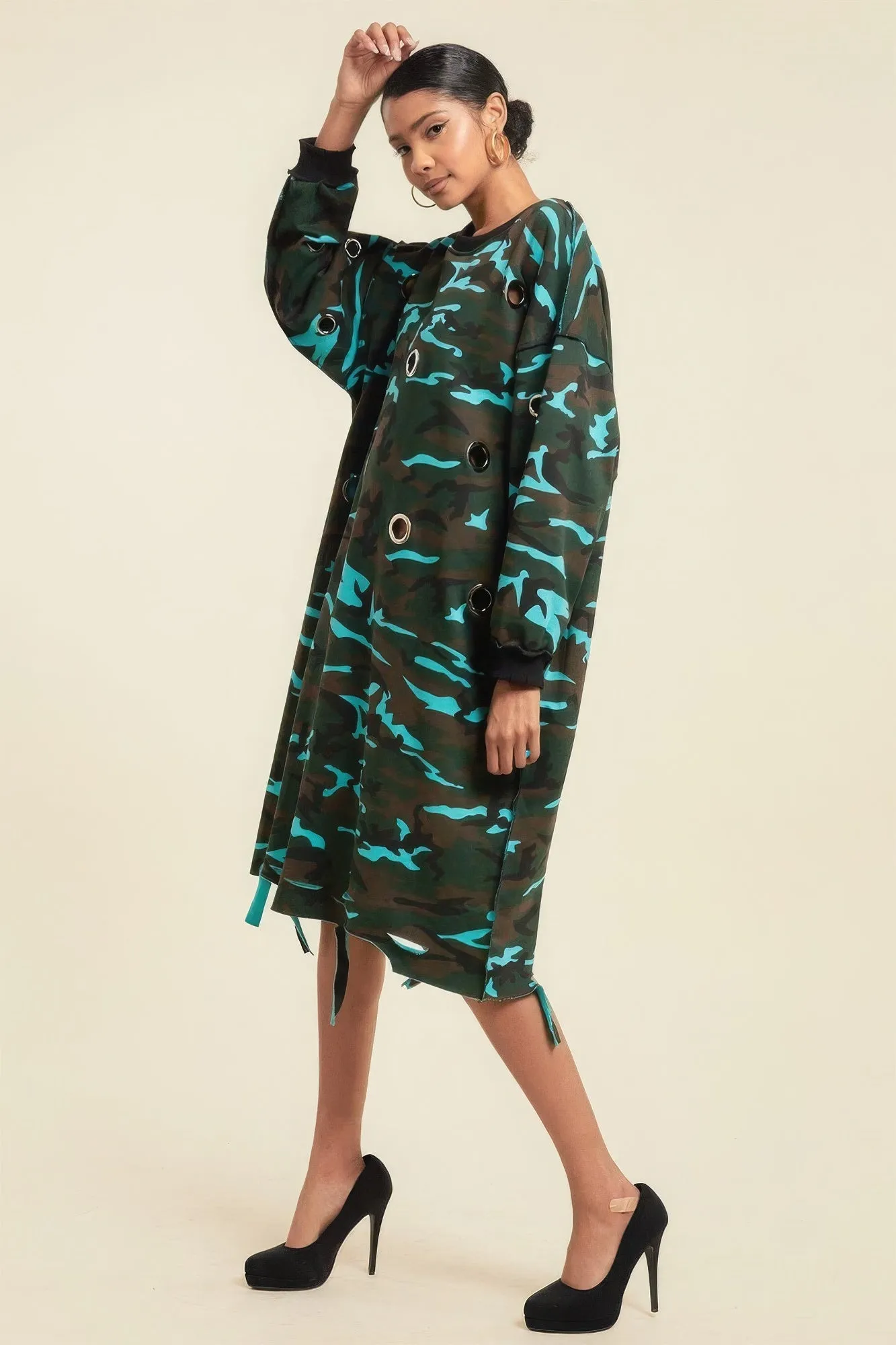 Camouflage Printed Midi Dress With Rings