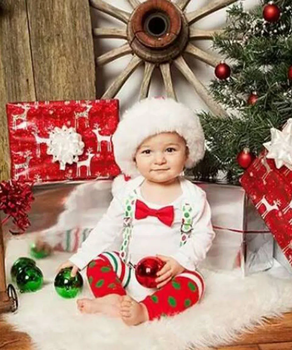 Christmas Outfit Baby Boy Red Green Dot Suspenders Red Bow Tie