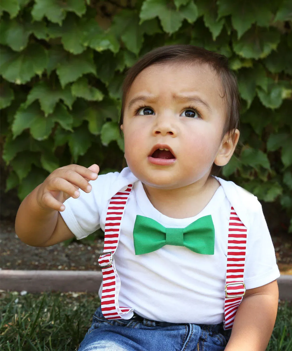 Christmas Outfits for Boys Red White Suspenders Green Bow Tie