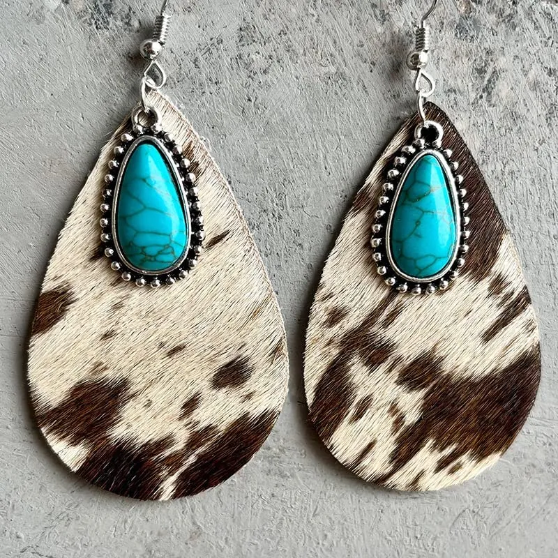 Cow Print Turquoise Drop Earrings