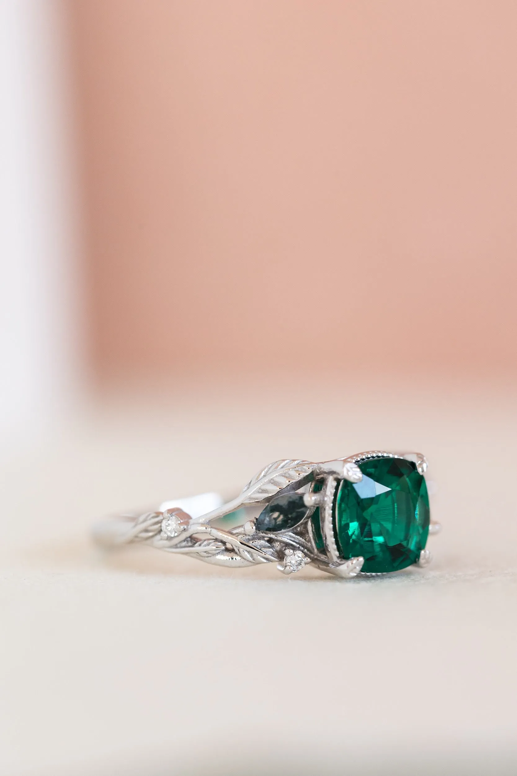 Cushion cut emerald and accent moss agates engagement ring, white gold nature themed proposal ring / Patricia