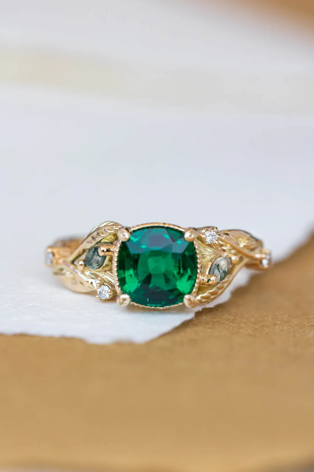 Cushion cut emerald and accent moss agates engagement ring, white gold nature themed proposal ring / Patricia