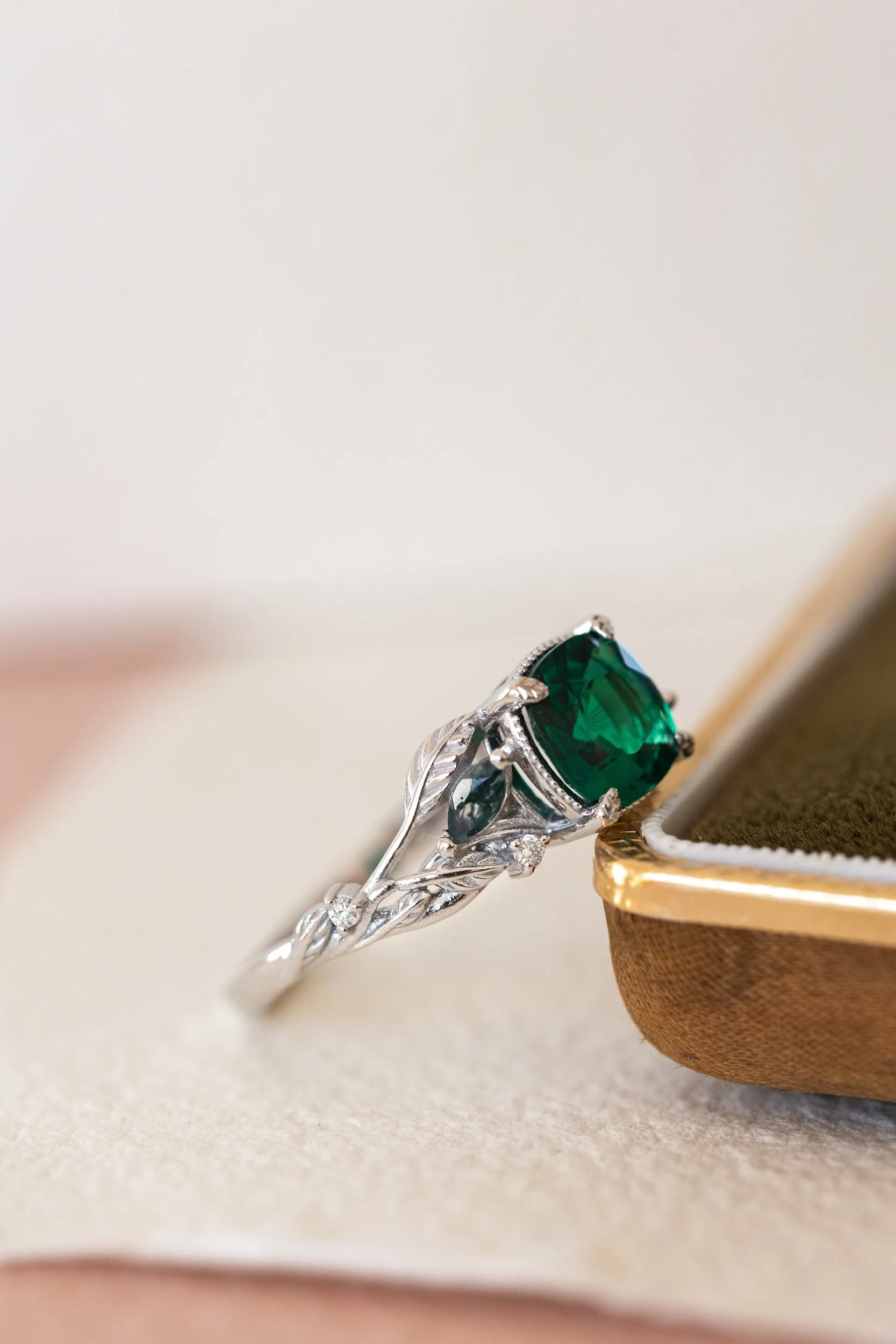 Cushion cut emerald and accent moss agates engagement ring, white gold nature themed proposal ring / Patricia