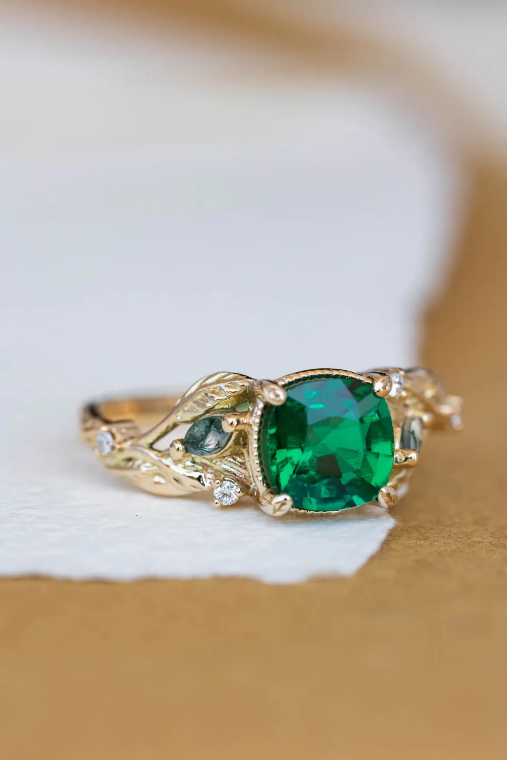 Cushion cut emerald and accent moss agates engagement ring, white gold nature themed proposal ring / Patricia