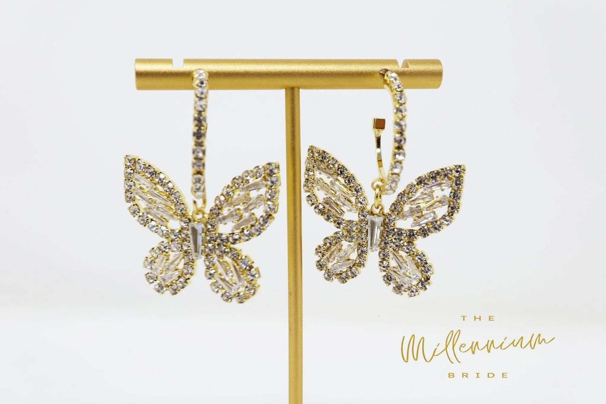 CZ Gold Butterfly Hoop Earrings, Swarovski Crystal Earrings, Statement Earrings, Rhinestones Hoop Earrings.