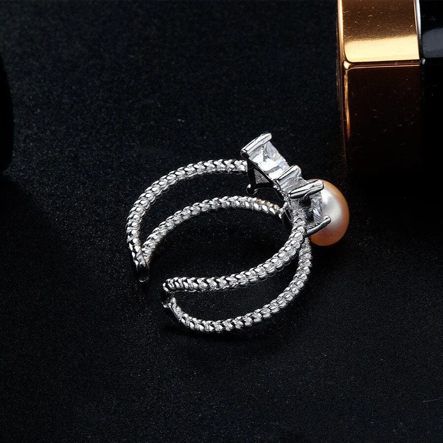 Freshwater Pearl With Bow Tie Design Silver Resizable Ring