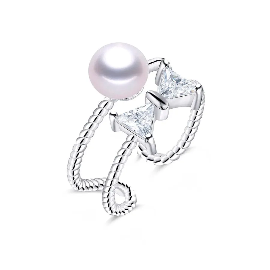 Freshwater Pearl With Bow Tie Design Silver Resizable Ring