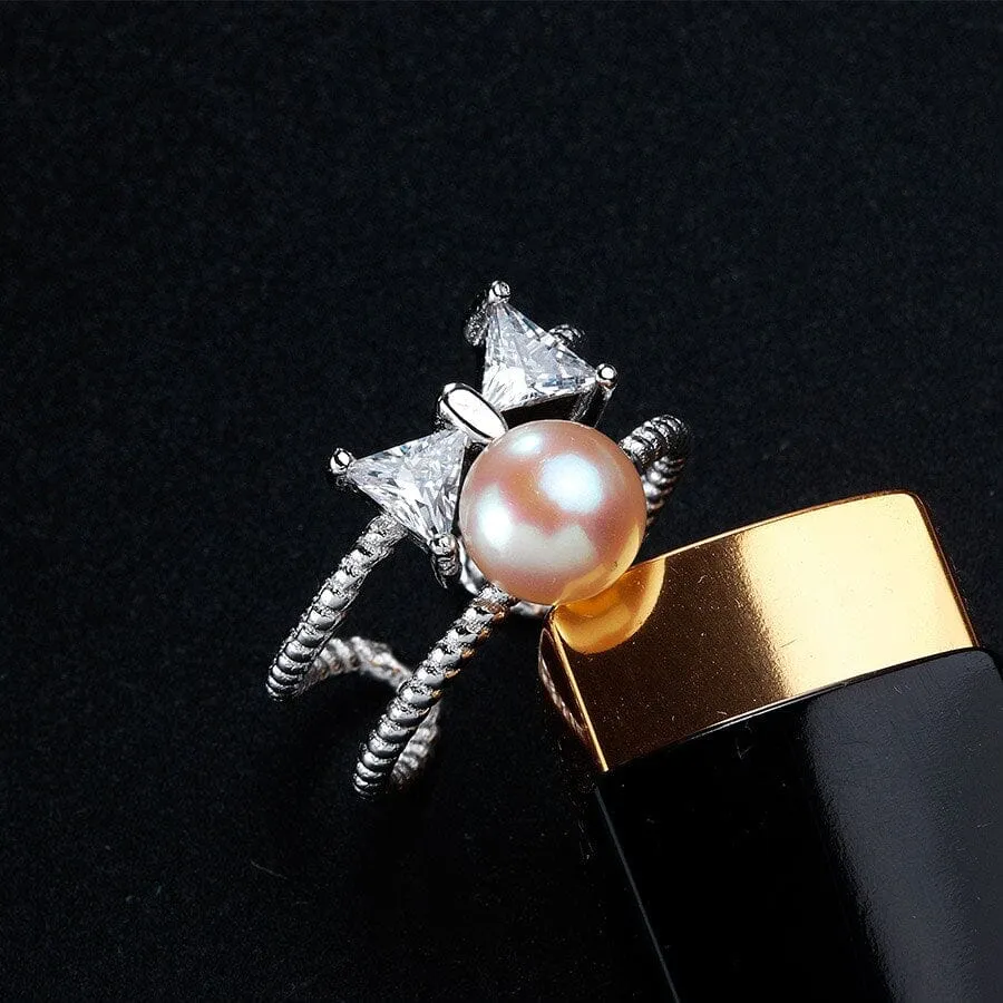 Freshwater Pearl With Bow Tie Design Silver Resizable Ring