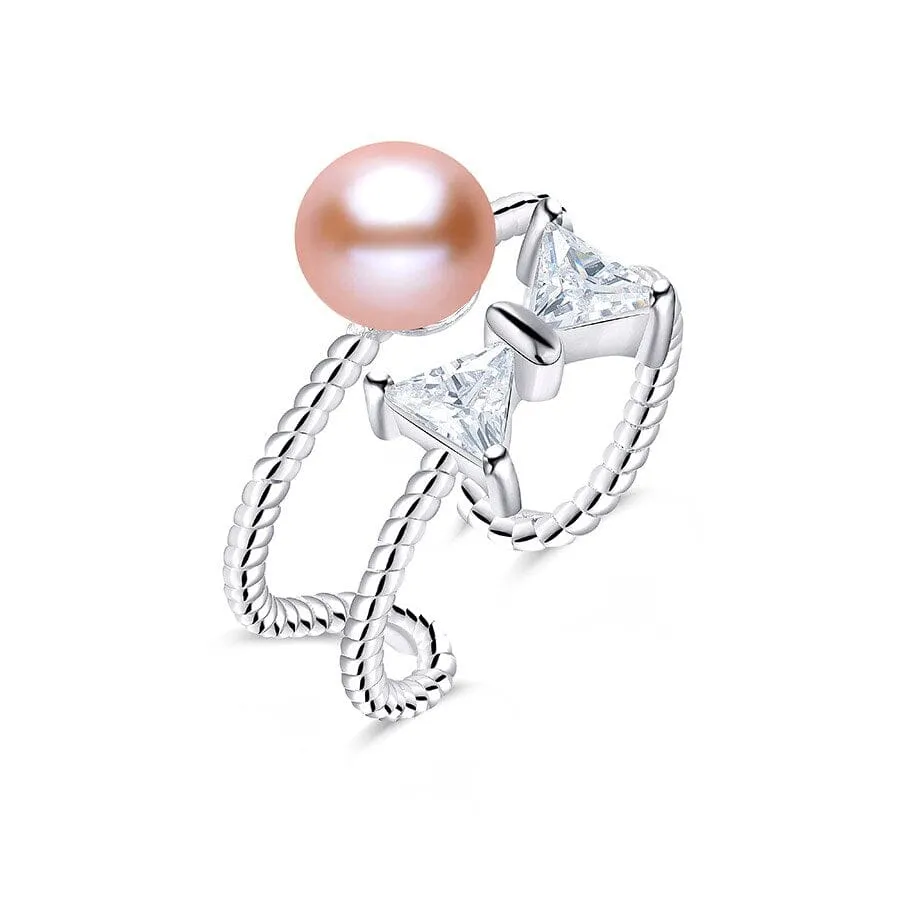 Freshwater Pearl With Bow Tie Design Silver Resizable Ring