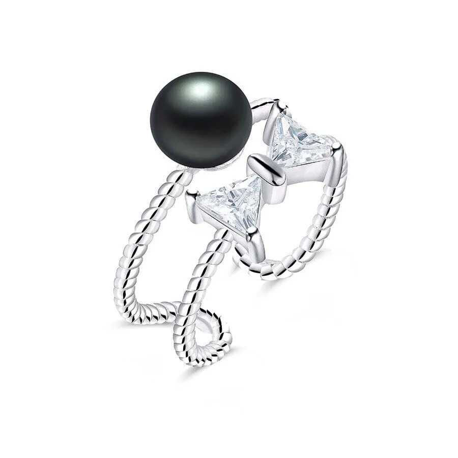 Freshwater Pearl With Bow Tie Design Silver Resizable Ring