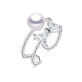 Freshwater Pearl With Bow Tie Design Silver Resizable Ring