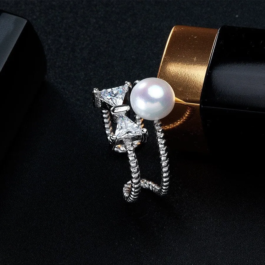 Freshwater Pearl With Bow Tie Design Silver Resizable Ring