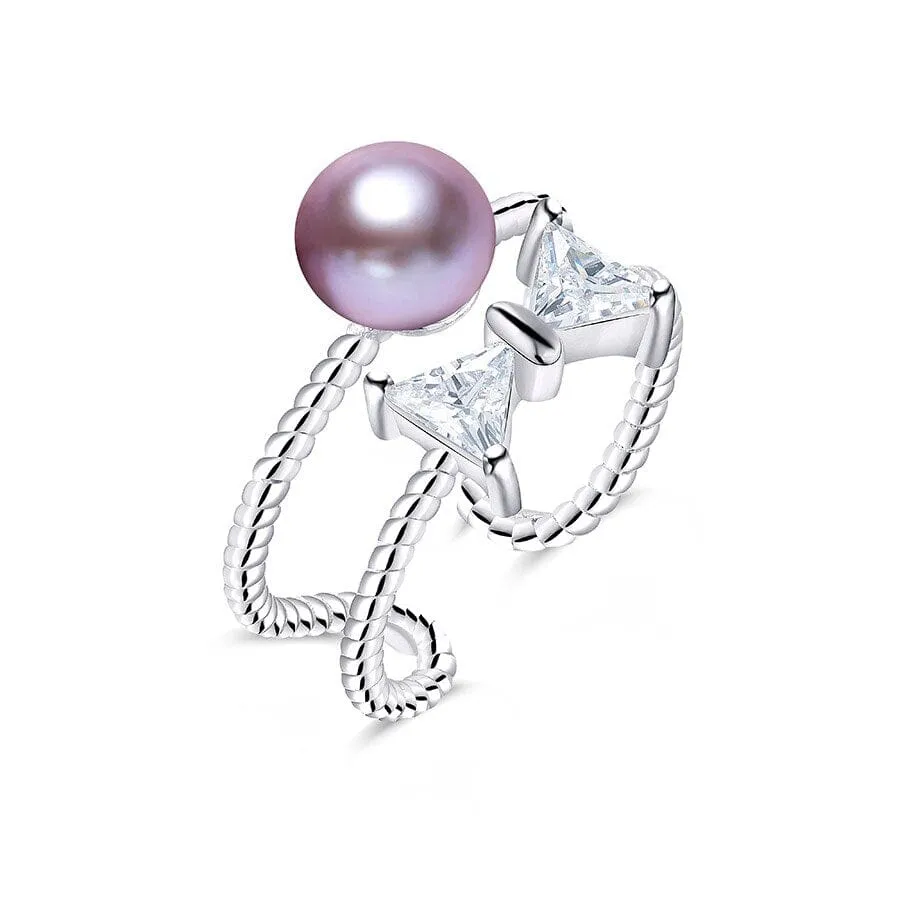 Freshwater Pearl With Bow Tie Design Silver Resizable Ring