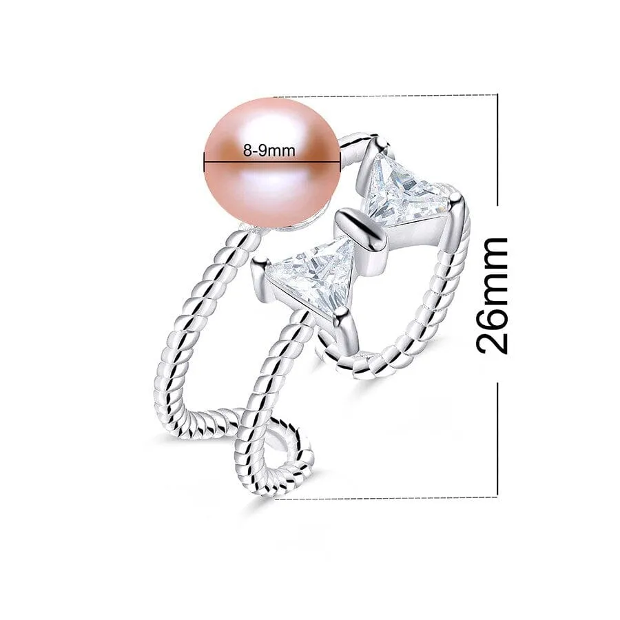 Freshwater Pearl With Bow Tie Design Silver Resizable Ring