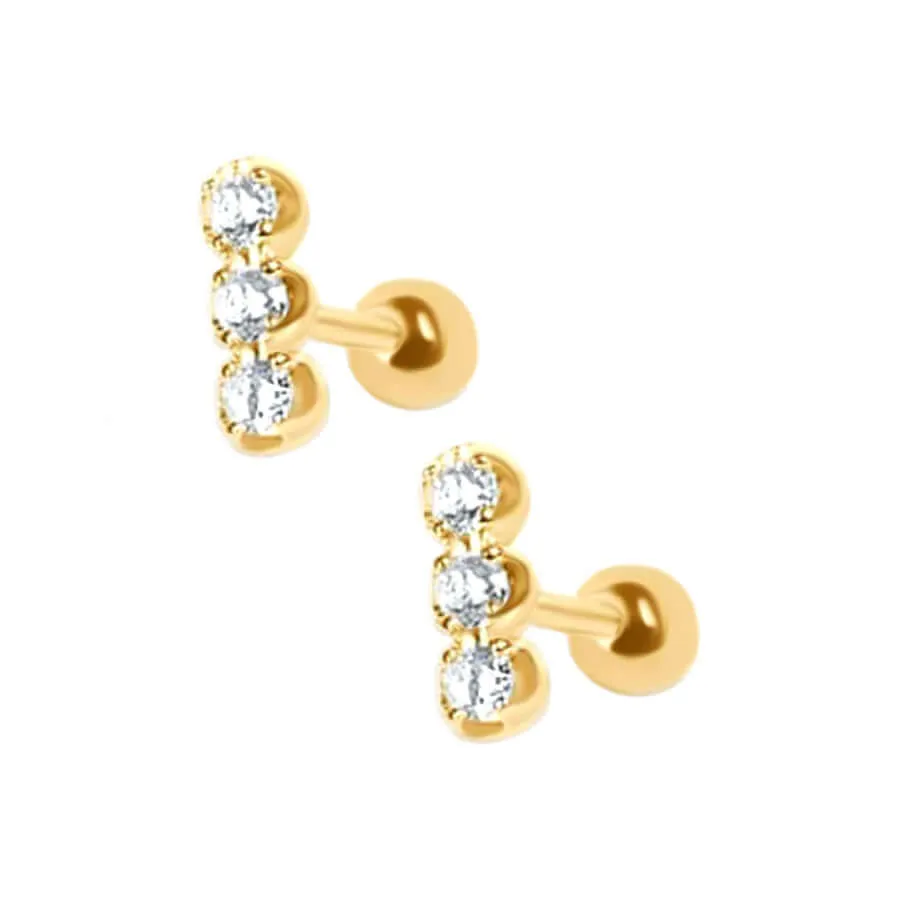 Gold Plated Tryptich Barbell Earrings Ball Back Earrings Sleeper Earrings