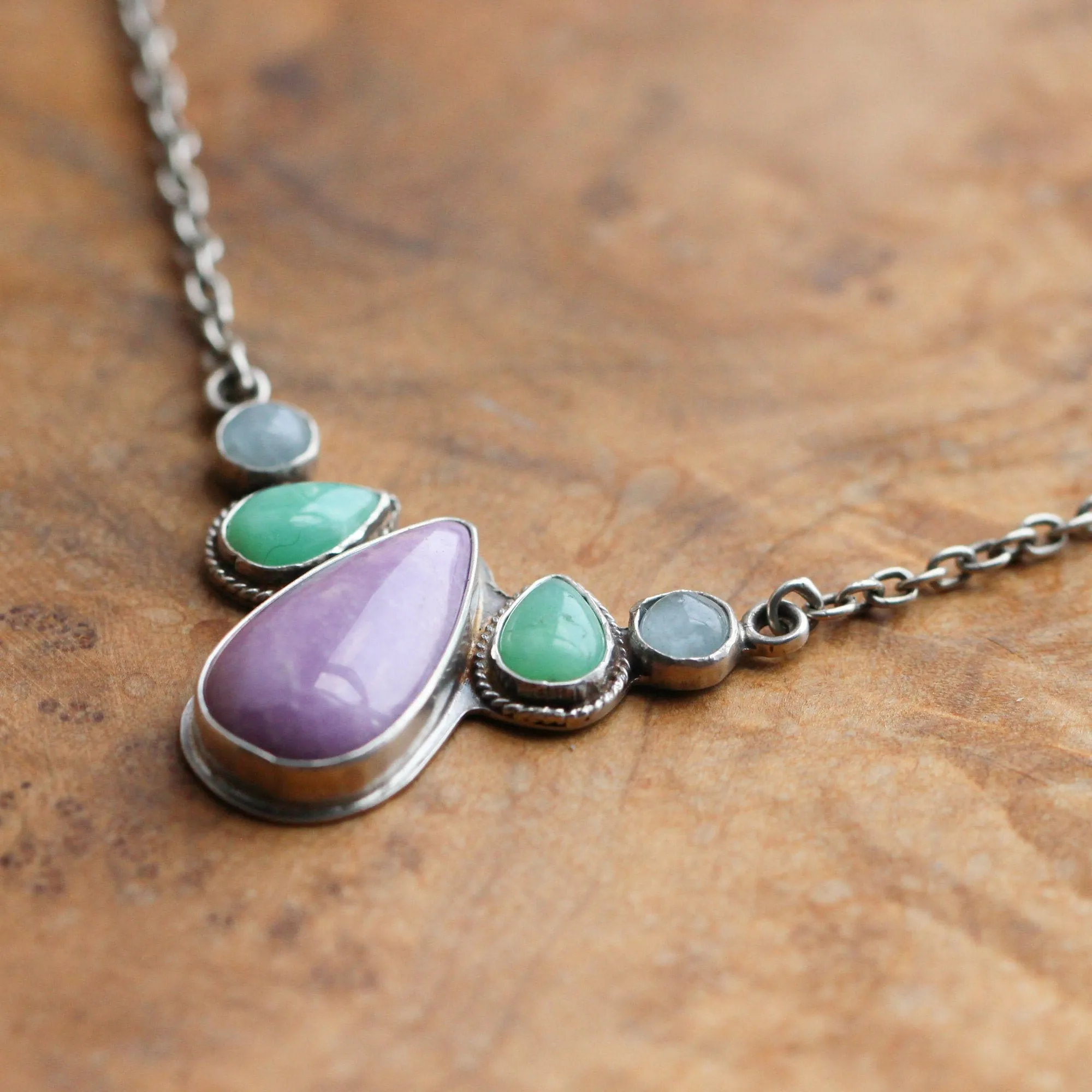 Harmony Necklace - 5 Stone Necklace - Purple Phosphosiderite - Green Chrysoprase Necklace - Aquamarine