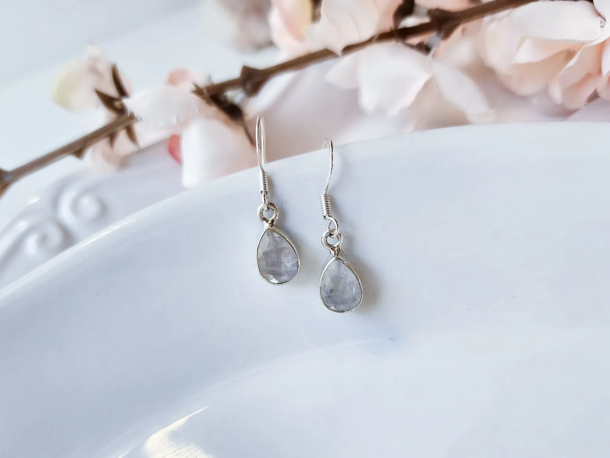 Moonstone Faceted Drop Sterling Earrings || Dew Drop