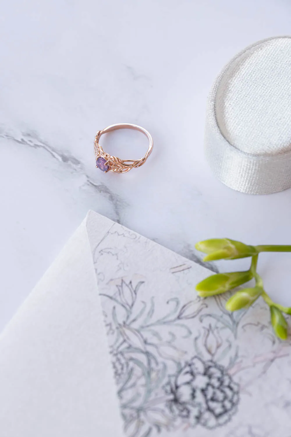 Opalescent sapphire engagement ring, rose gold twig proposal ring with sapphire / Tilia