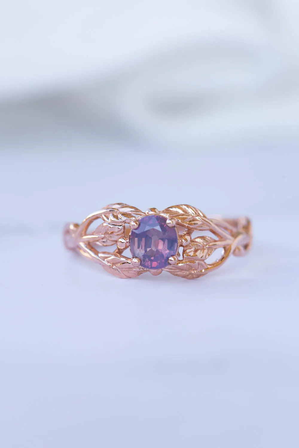 Opalescent sapphire engagement ring, rose gold twig proposal ring with sapphire / Tilia