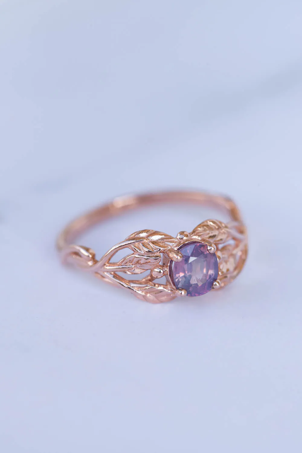 Opalescent sapphire engagement ring, rose gold twig proposal ring with sapphire / Tilia