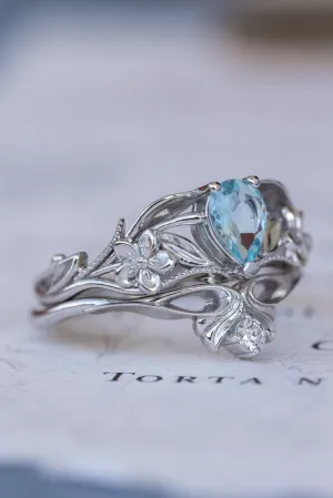 READY TO SHIP: Eloise ring set in 14K white gold, natural aquamarine pear cut 7x5 mm, accent natural diamond, AVAILABLE RING SIZES: 8-10US