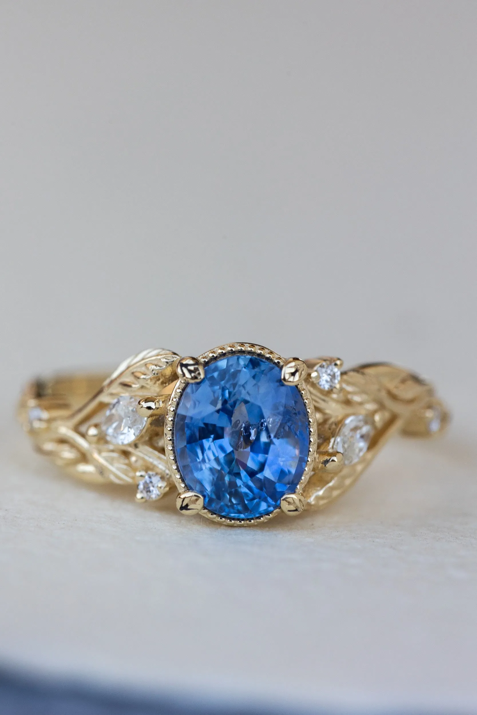 READY TO SHIP: Patricia ring in 14K yellow gold, natural blue sapphire oval cut 8x6 mm, accents natural diamonds, AVAILABLE RING SIZES: 6-8US