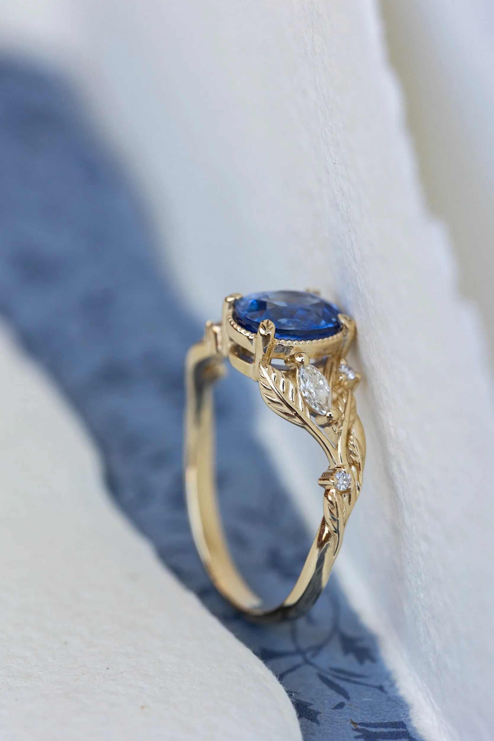 READY TO SHIP: Patricia ring in 14K yellow gold, natural blue sapphire oval cut 8x6 mm, accents natural diamonds, AVAILABLE RING SIZES: 6-8US