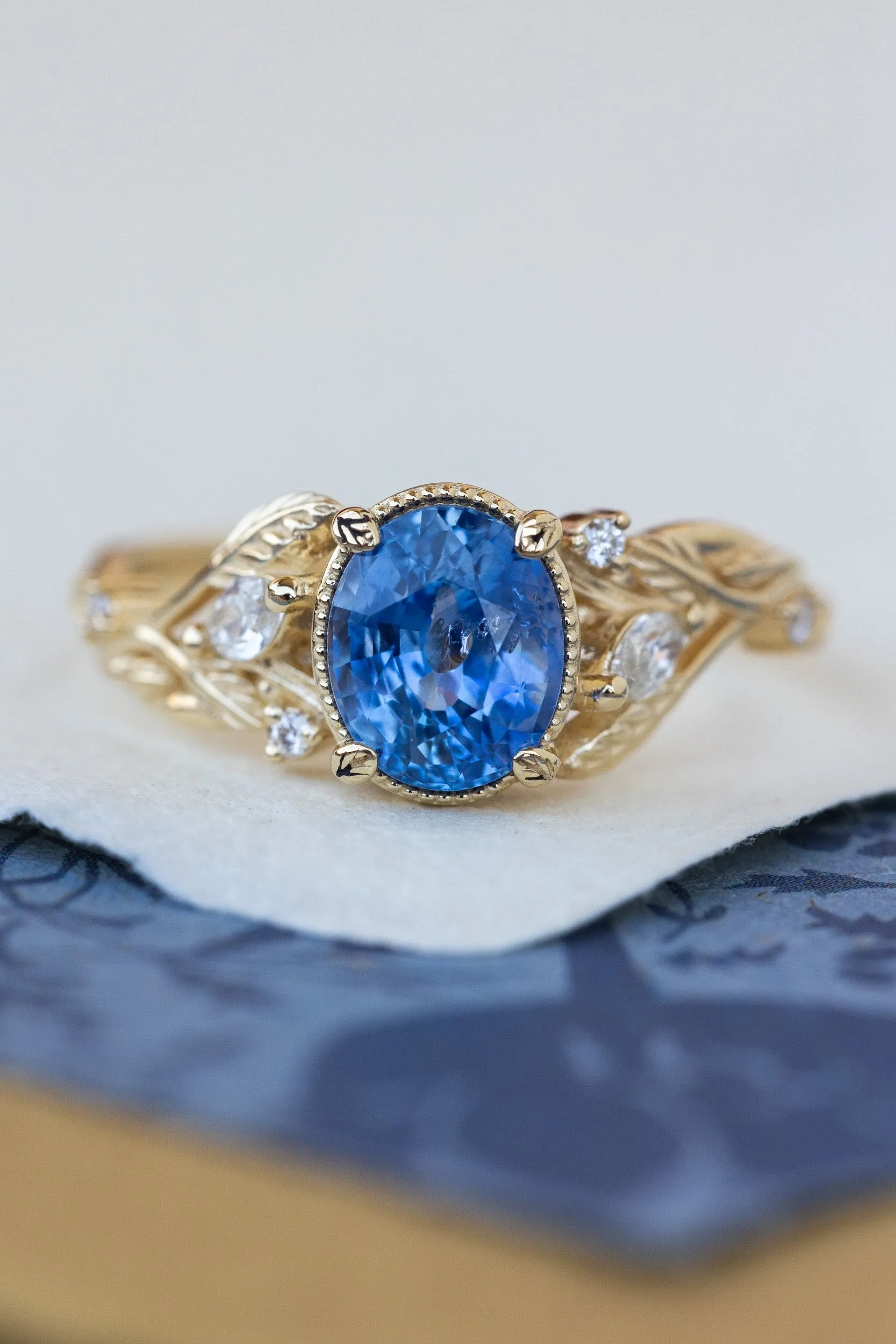 READY TO SHIP: Patricia ring in 14K yellow gold, natural blue sapphire oval cut 8x6 mm, accents natural diamonds, AVAILABLE RING SIZES: 6-8US