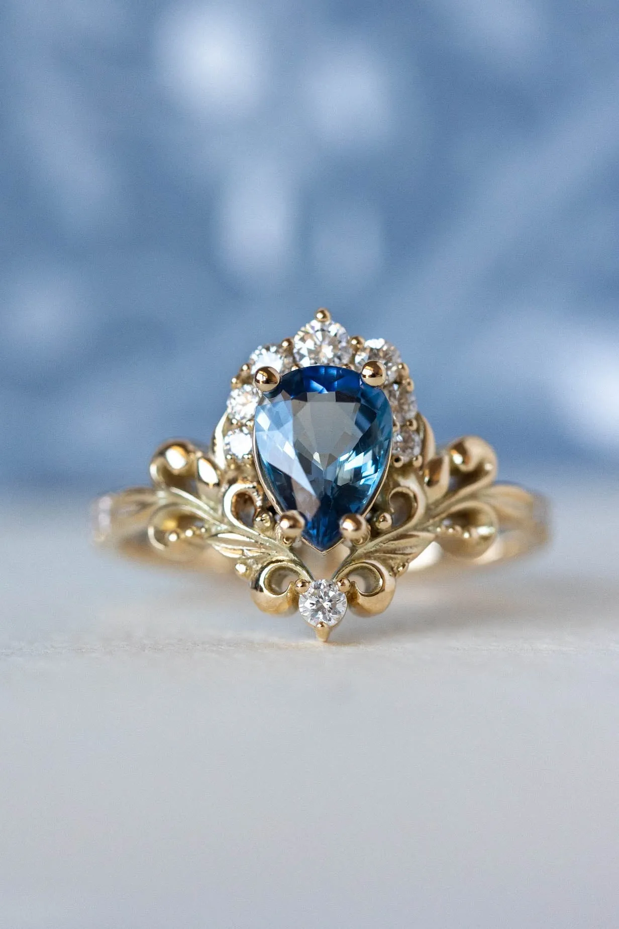 READY TO SHIP: Sophie ring in 14K yellow gold, natural blue sapphire pear cut 8x6 mm, accent natural diamonds, AVAILABLE RING SIZES: 6-8US